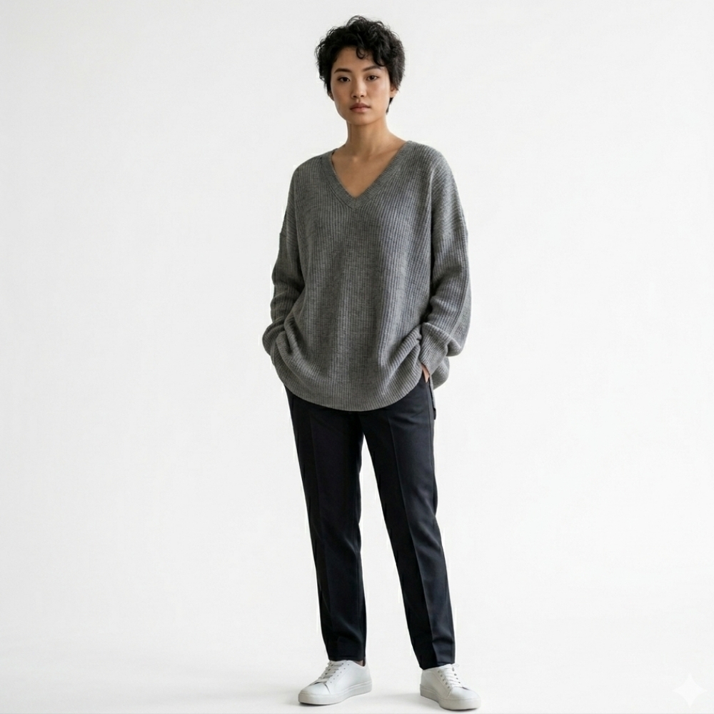 Athleta Fine Merino Wool Blend Nopa V-Neck Ribbed Oversized Sweater Sz Medium